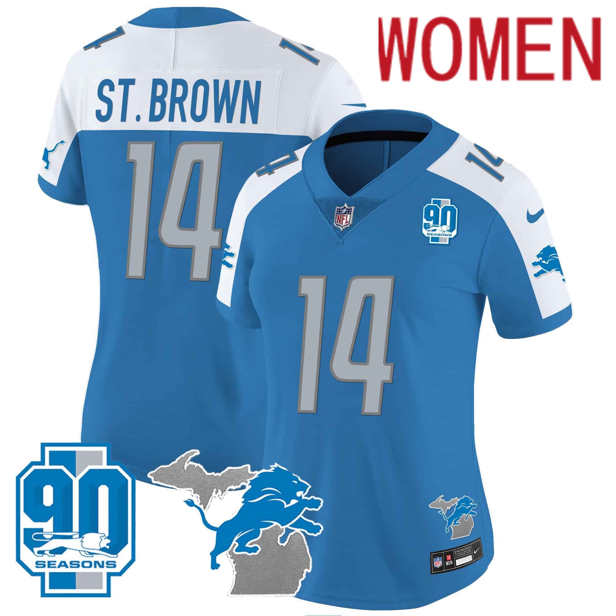 Women Detroit Lions #14 ST Brown Blue 2024 Nike 90th Year Michigan Patch Vapor NFL Jersey